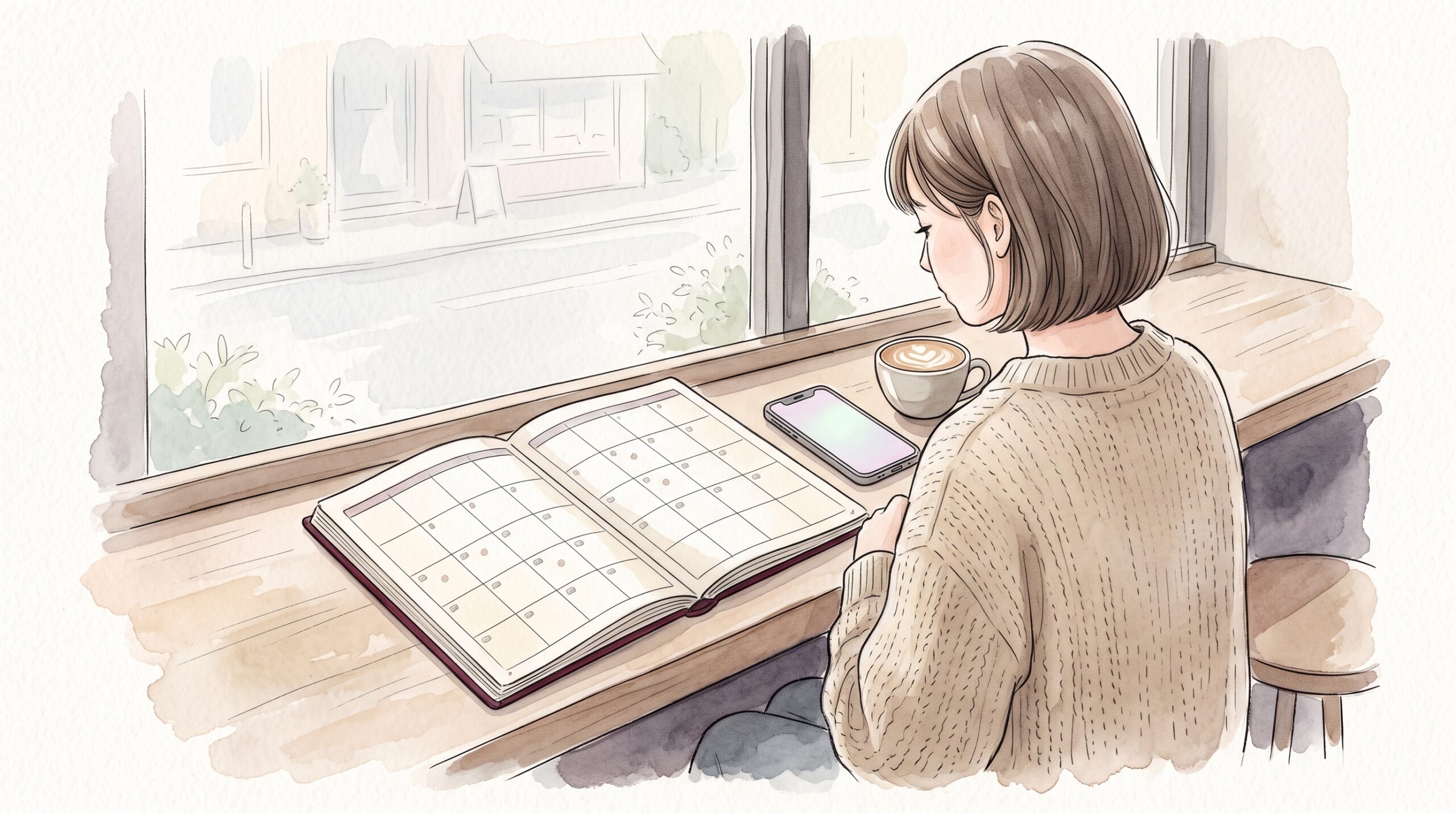 カフェの窓際で、予定の少ない月間カレンダーの手帳と画面の淡く光るスマホを並べて見ている女性