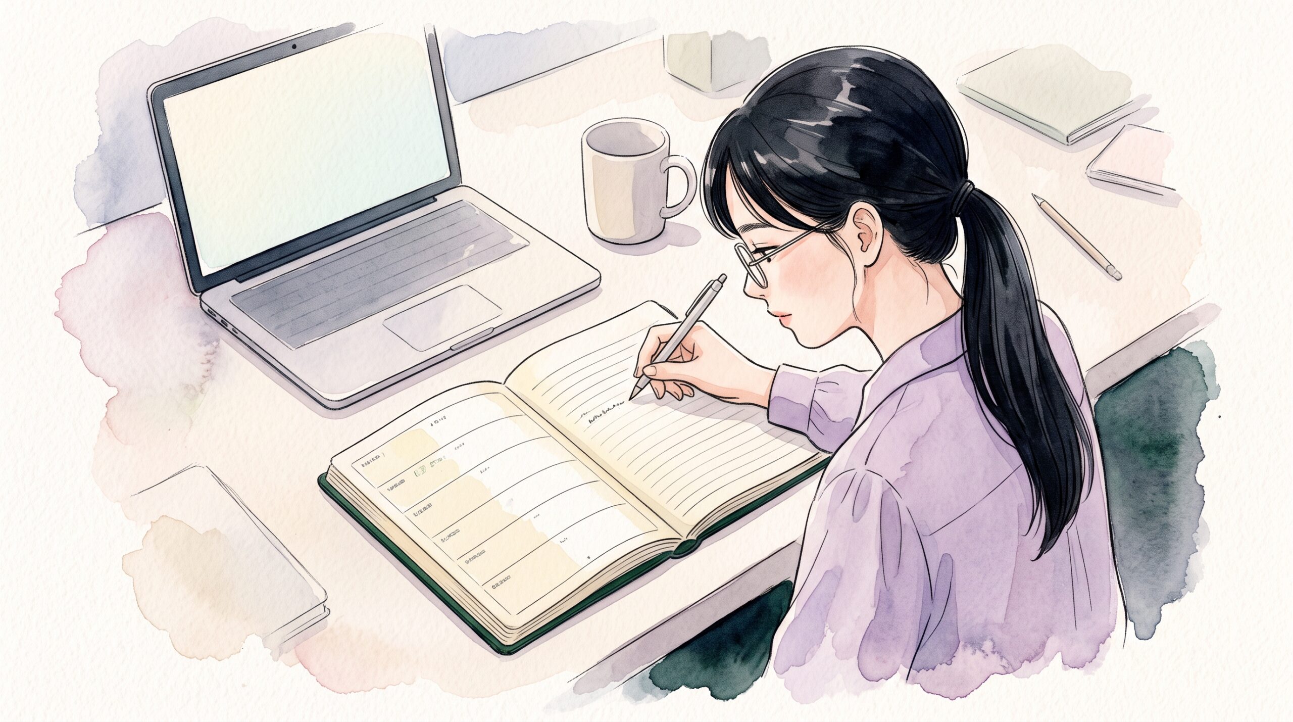 オフィスの机で、左に1週間の予定欄、右にメモ欄がある手帳の右ページに書き込む女性