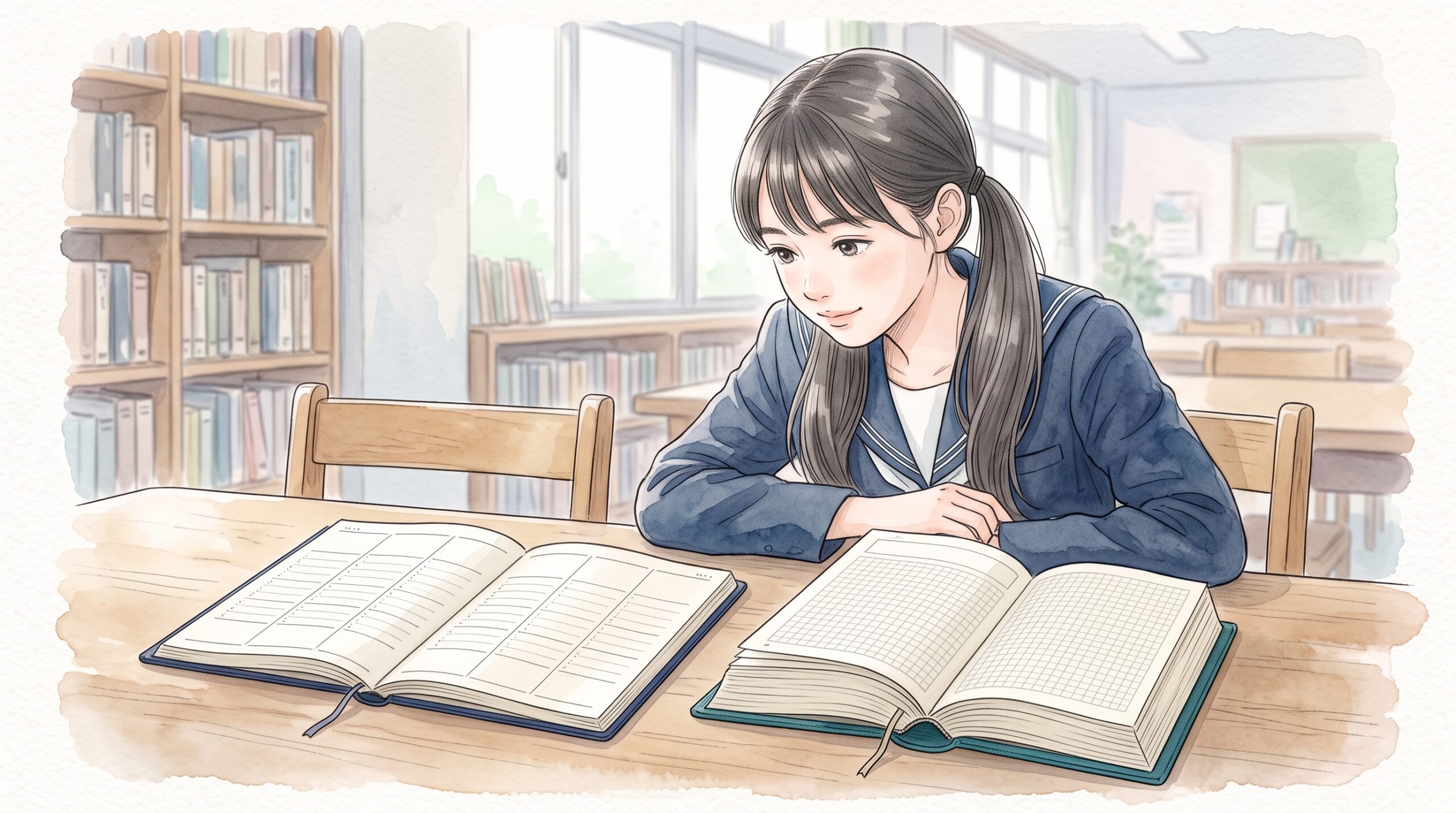 学校の図書室で、縦の時間軸の週間手帳と1日1ページの手帳を並べて見比べる女子学生