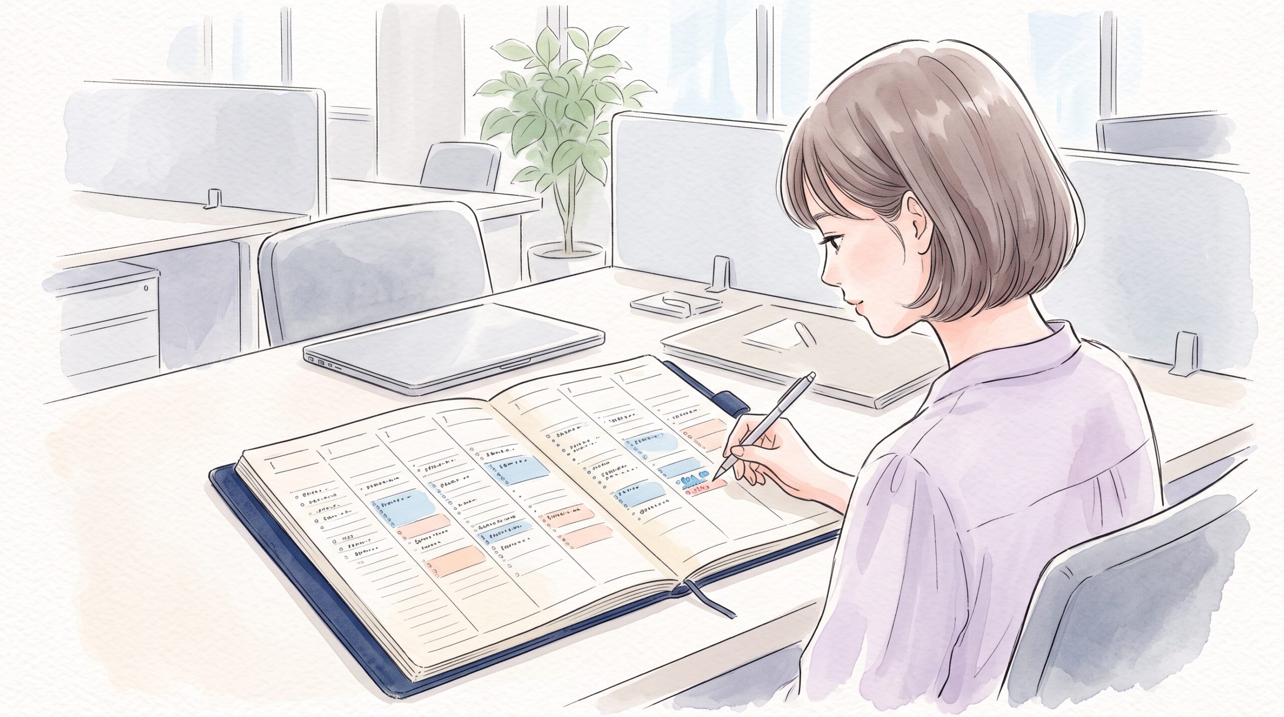 オフィスのデスクで、予定のブロックが多く並ぶ週間バーチカル手帳に新しい予定を書き足す女性の手元