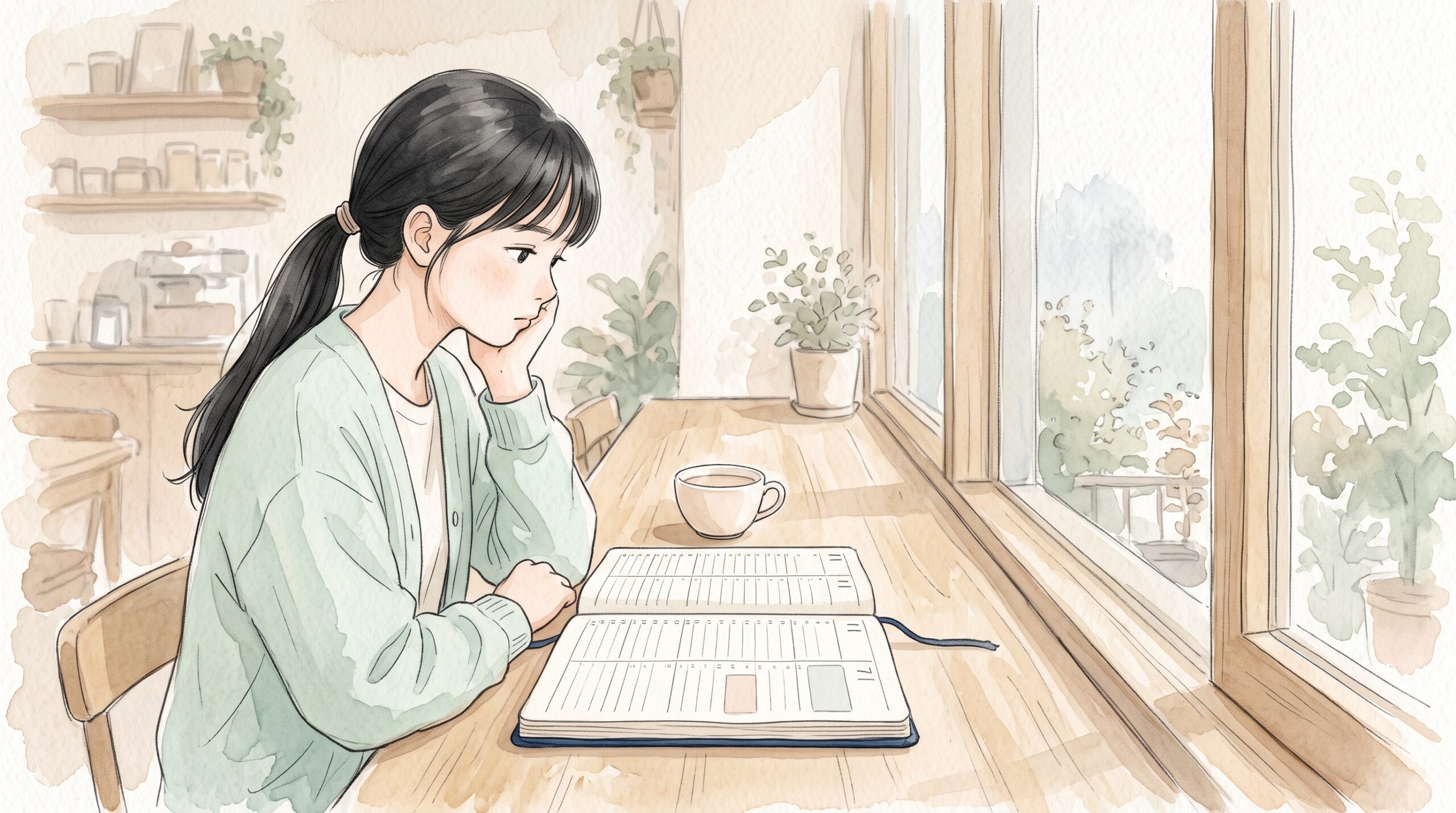 カフェの窓際で、ほとんど書き込みのない週間バーチカル手帳を前に頬杖をつく学生