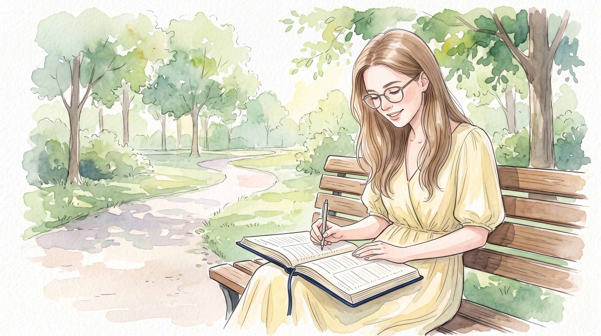 休日の公園のベンチで、週間バーチカル手帳の週末の列に予定を書き込む女性