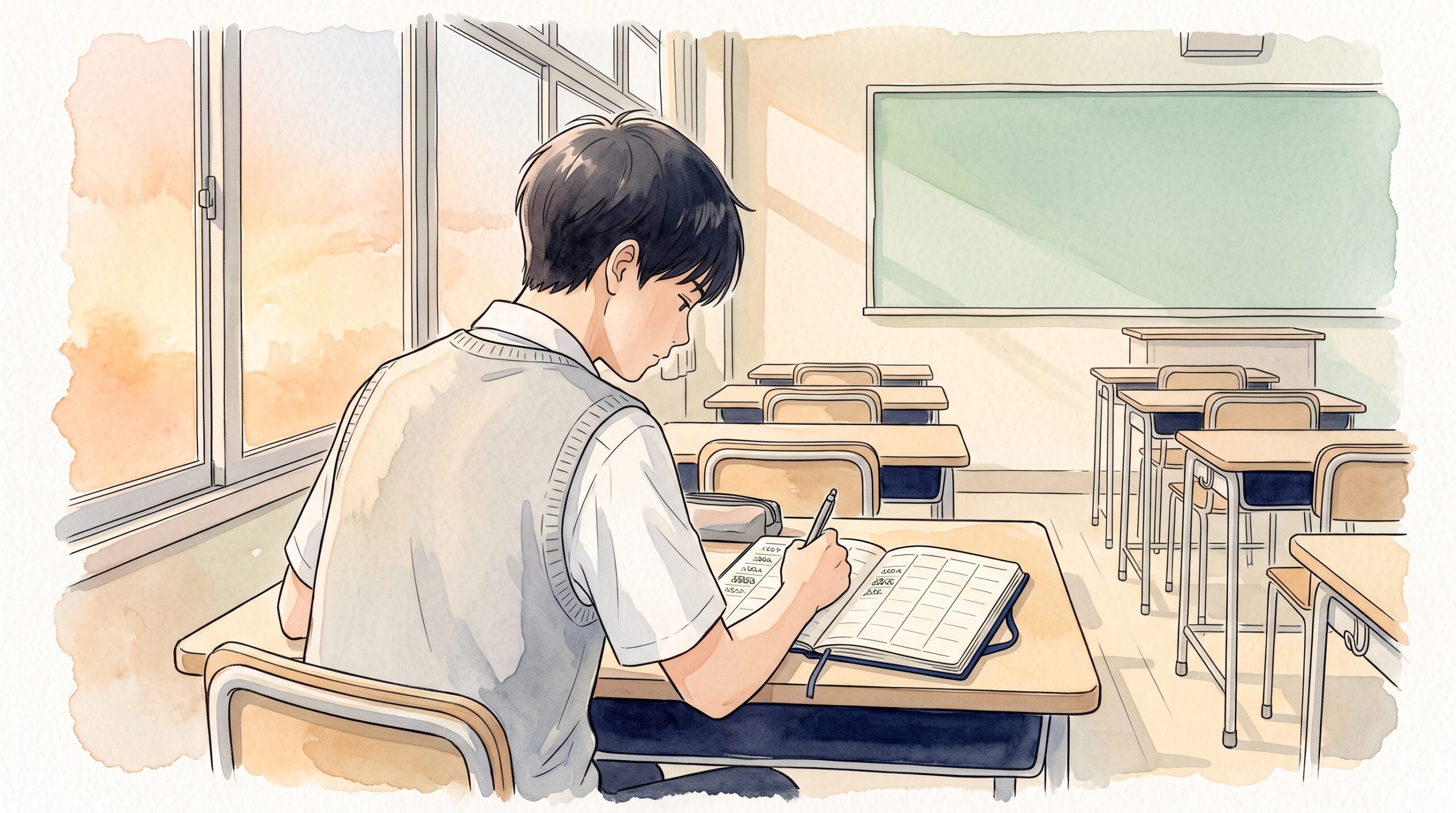放課後の教室の窓際の席で、週間バーチカル手帳に予定を書き込む学生の後ろ姿
