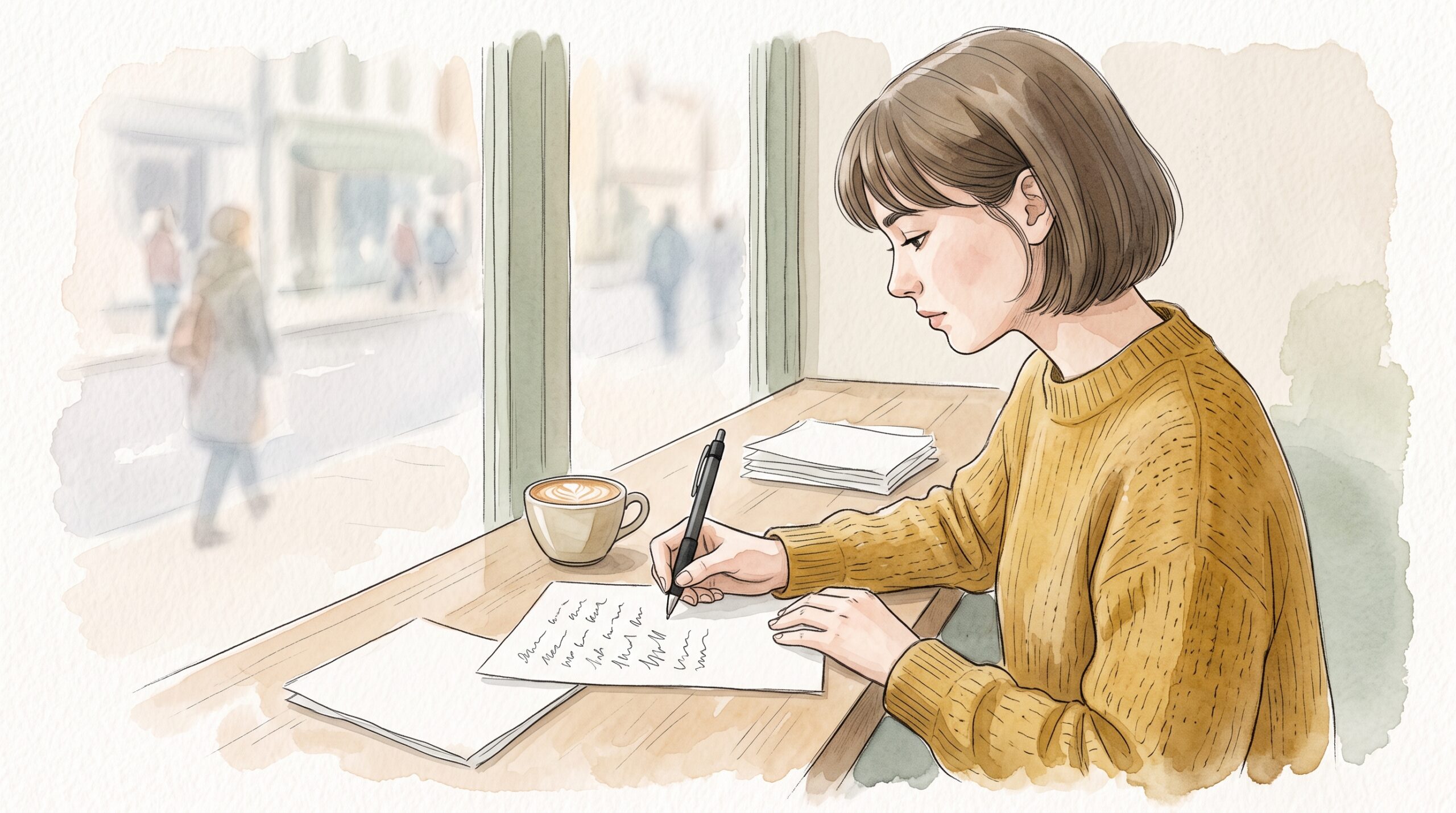 カフェの窓際で、横向きに置いた紙にボールペンで素早くメモを書く女性の横顔