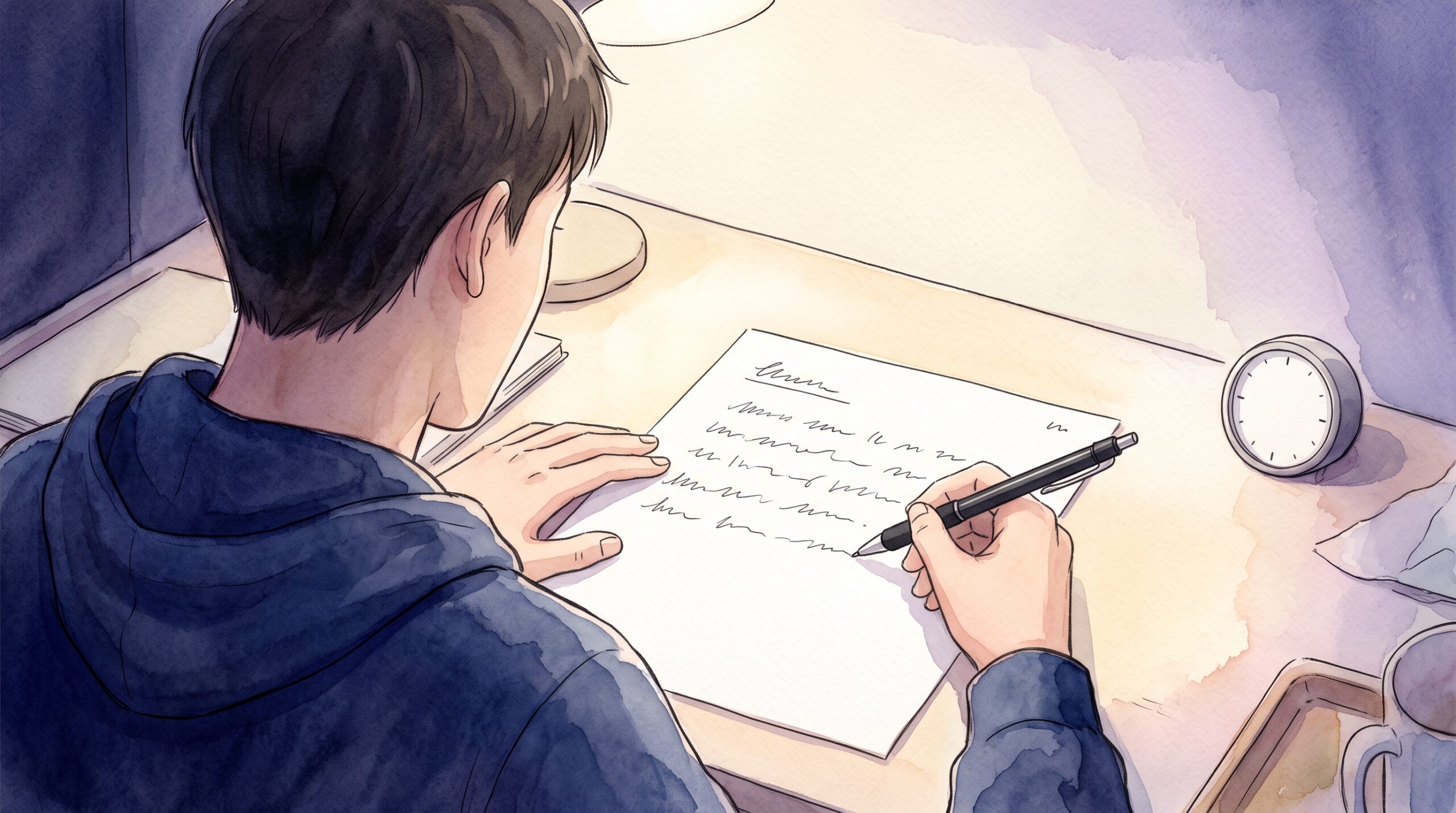 自室の机で、横向きのA4にタイトルと日付、4〜6行のメモを書き、横でタイマーが1分を測っている手元