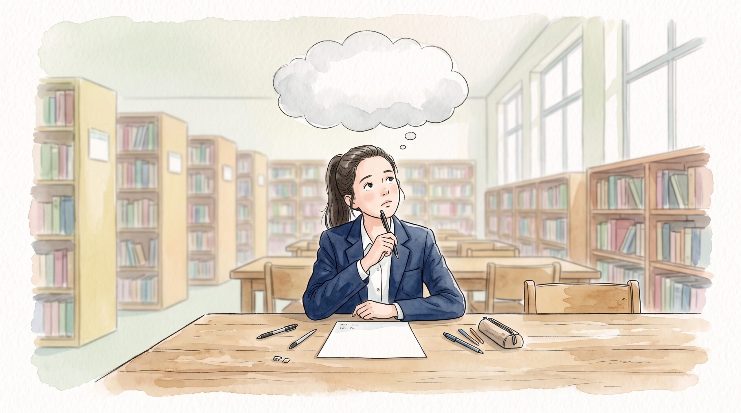 図書室の机で白い紙を前に、ペンを顎に当ててテーマを考える学生